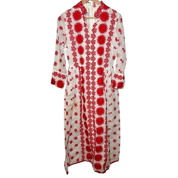 Vintage 1960’s/1970s Ruth Chagnon Dress Red White Floral Embroidered Women Small - Picture 1 of 3